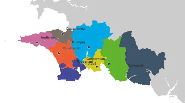 Carte du Finistère sud et des secteurs couverts par le réseau Tynéo