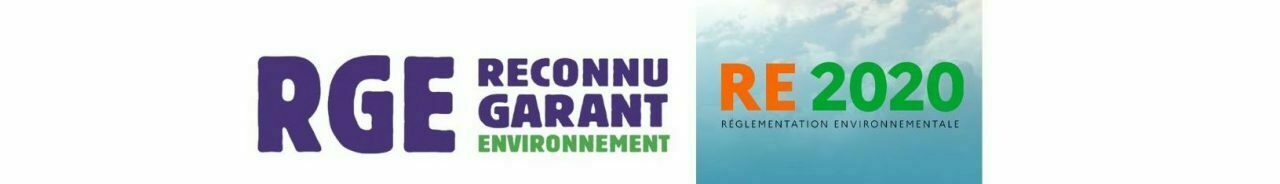 Logos RGE, Reconnu Garant de l'Environnement, et RE 2020