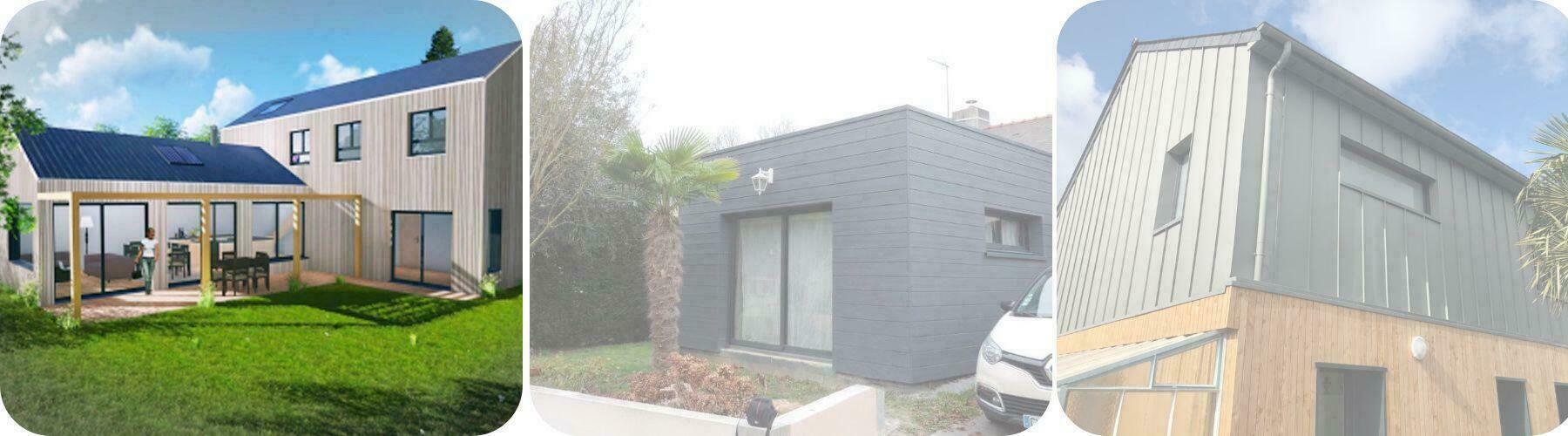 Maisons à ossature et bardage bois : perspective d'un projet, extension sombre et surélévation