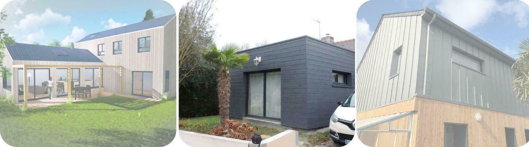 Maisons à ossature et bardage bois : perspective d'un projet, extension sombre et surélévation