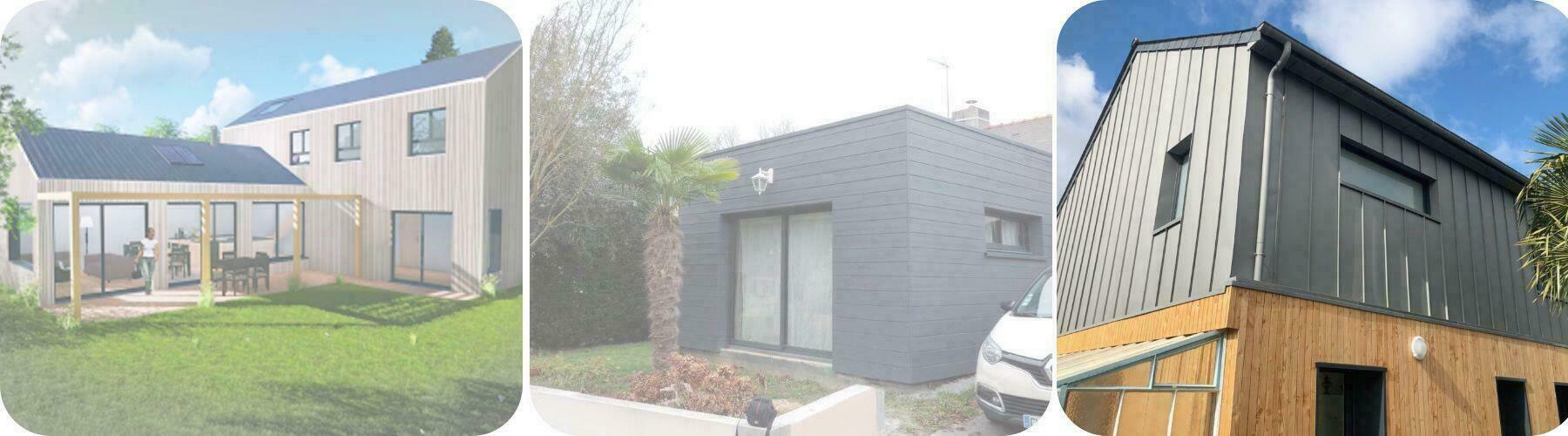 Maisons à ossature et bardage bois : perspective d'un projet, extension sombre et surélévation