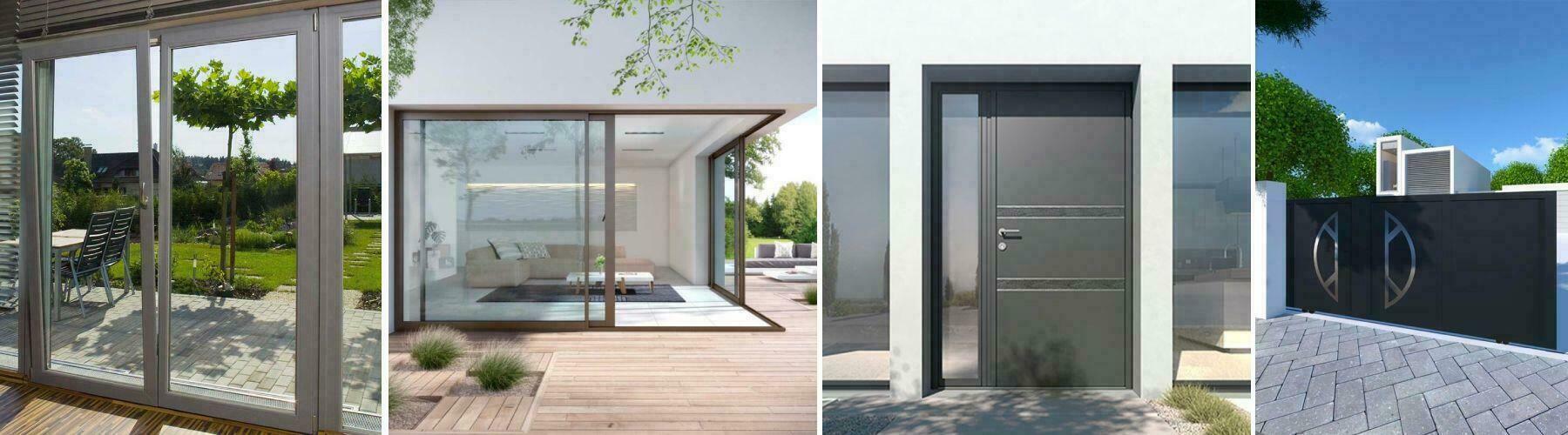 Menuiseries Finestra : baie coulissante, salon ouvert sur terrasse, porte d'entrée et portail